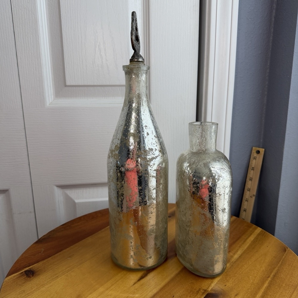 Pottery Barn Lot Of 2 Silver Mercury Glass Vase Bottles‎ Decor Boho Office - Picture 5 of 11